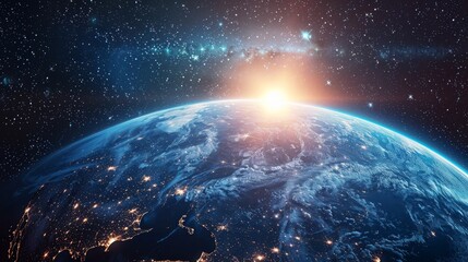 A beautiful view of the Earth from space, with the sun rising over the horizon. The planet is surrounded by a vast expanse of stars, creating a serene and peaceful atmosphere. The colors of the sky - obrazy, fototapety, plakaty