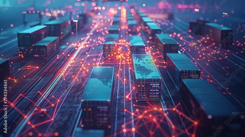 Poster a computer generated image of a city with many red and blue lines. the image is of a train track wit