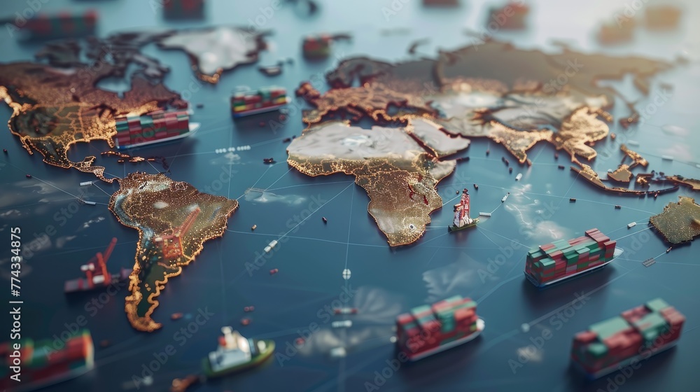 Poster a map of the world with many ships on it. the ships are scattered all over the map, with some closer