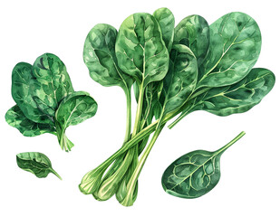 A set of watercolor illustrations of spinach on a transparent background. Branches, bunches, and leaves of spinach in watercolor technique. Fresh green leaves.