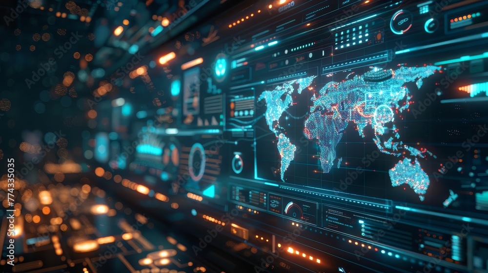 Poster a computer monitor displays a colorful, futuristic world map. the map is filled with various icons a