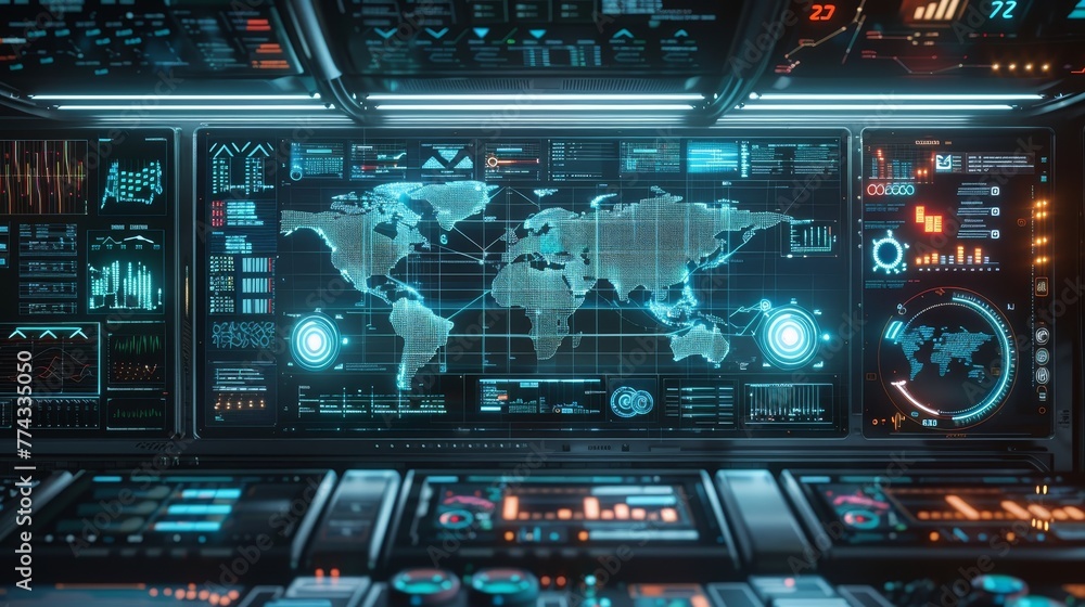 Poster a computer monitor displays a map of the world with a blue and green color scheme. concept of techno