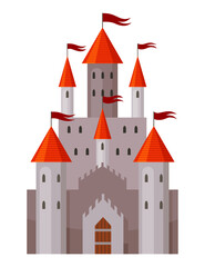 Fairy tale castle. Medieval royal mansion architecture. Beautiful fairy-tale tower for princess, historic fortified building. Knight castle, imagination concept. Isolated cartoon vector illustration