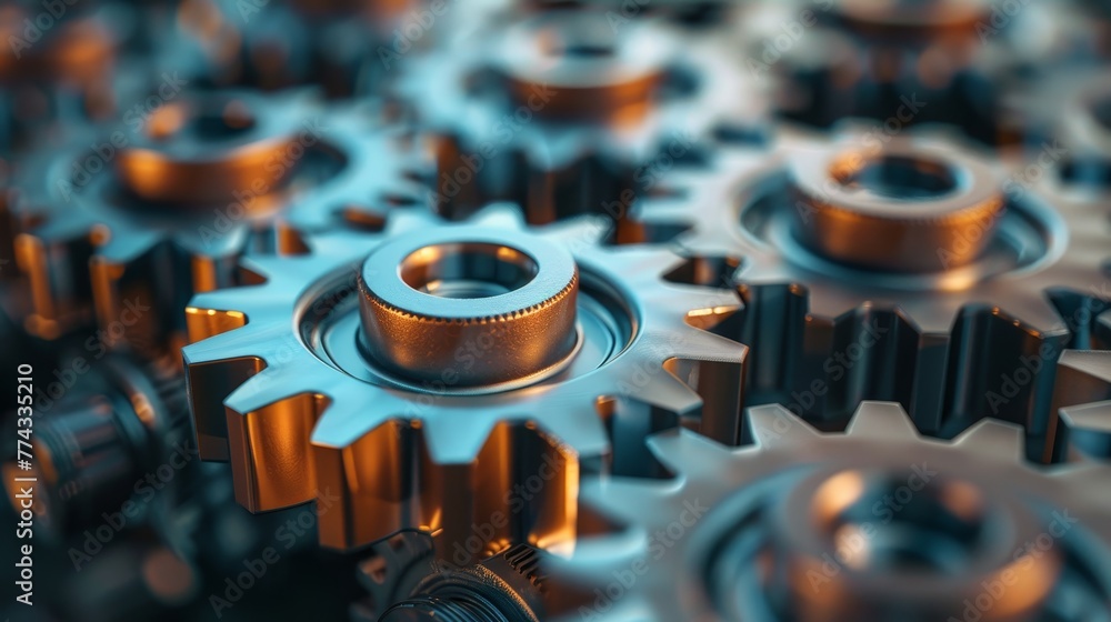 Poster a close up of a bunch of gears with a metallic look. the gears are all different sizes and shapes, b