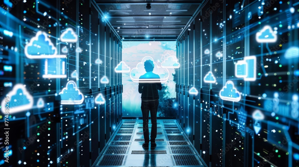 Poster a man is standing in a room with a computer screen showing a cloud of clouds. the room is filled wit