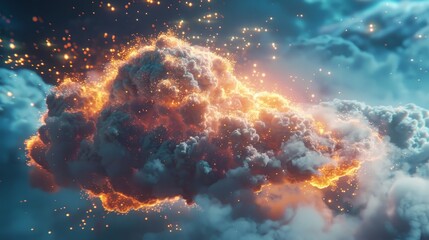 A cloud of fire is shooting out of the sky. The fire is orange and bright, and it is surrounded by a dark blue sky. Concept of danger and destruction, as the fire seems to be spreading rapidly - obrazy, fototapety, plakaty