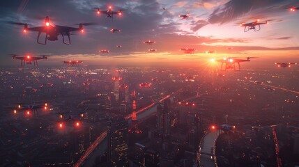A cityscape with many drones flying in the sky