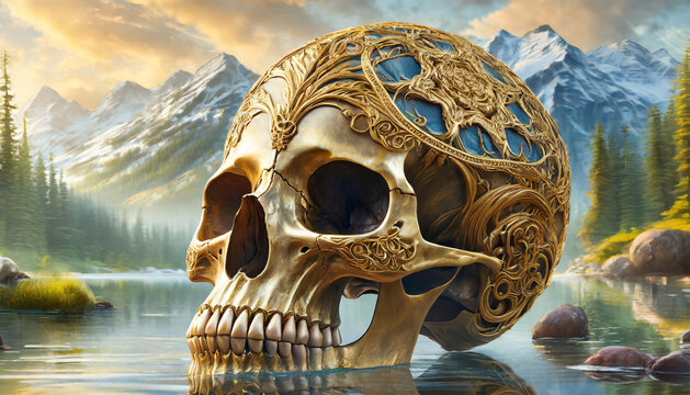 Detailed golden skull 3d render illustration.