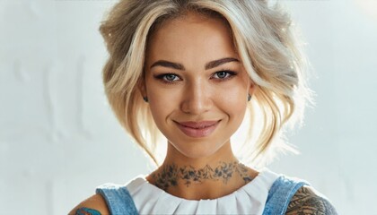Portrait view of the multiracial tender woman with tattoo at shoulders and light makeup posing with pleasure smile at the studio with white background. Beauty - obrazy, fototapety, plakaty