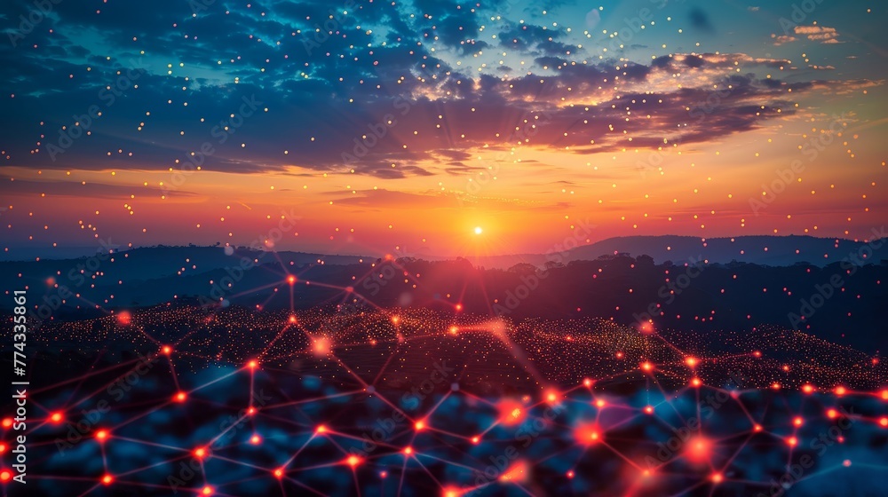 Poster a beautiful sunset with a bright orange sun in the sky. the sky is filled with a network of red dots