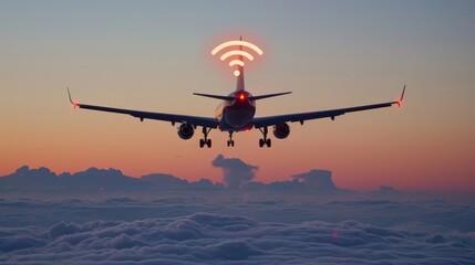 A plane with a wifi signal is flying through the sky. Concept of modern technology and connectivity, as the airplane is equipped with a wifi signal for passengers to use during their flight