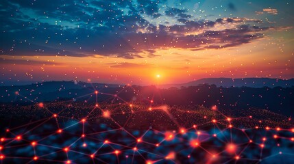 A beautiful sunset with a bright orange sun in the sky. The sky is filled with a network of red dots, creating a sense of depth and movement. The image conveys a feeling of warmth and tranquility