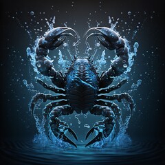 Illustration of a blue crab with splashes of water on a dark background