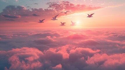 A flock of birds flying in the sky above a pink and purple sky. The birds are in various positions, some flying higher and others closer to the ground. Concept of freedom and tranquility - obrazy, fototapety, plakaty