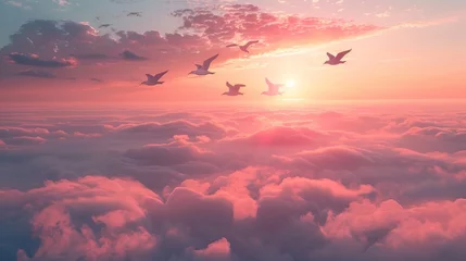 Fotobehang A flock of birds flying in the sky above a pink and purple sky. The birds are in various positions, some flying higher and others closer to the ground. Concept of freedom and tranquility © Rattanathip
