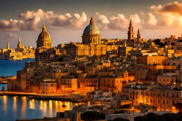Evening view of Valletta and cathedral, Malta island - obrazy, fototapety, plakaty
