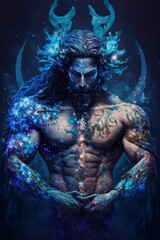 Horned devil with muscular body and blue fire on his body.