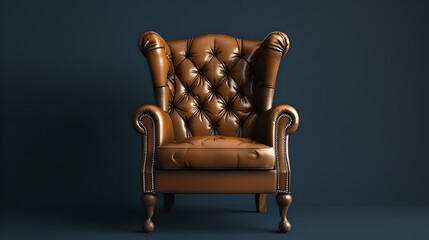 Elegant brown leather armchair on a dark background. Classic furniture for sophisticated interior design. Timeless style for home decor. AI - obrazy, fototapety, plakaty