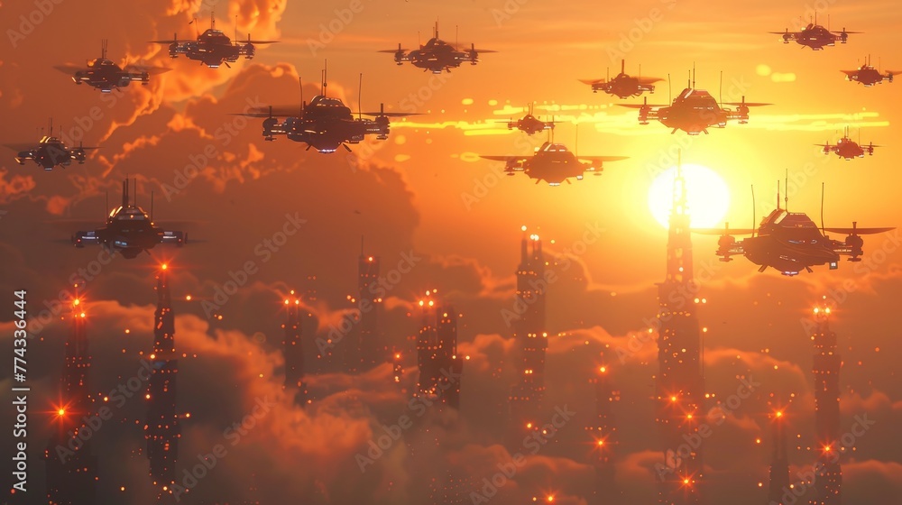 Poster a group of spaceships flying in the sky with a sun in the background. scene is futuristic and advent