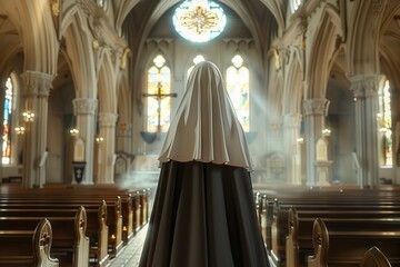 Portrait of a Devout Nun Engrossed in Prayer within the Serene Ambiance of an Ornate Church