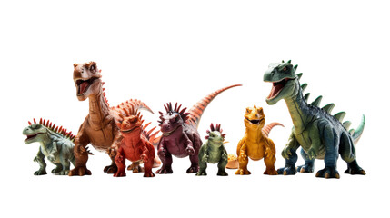 A group of toy dinosaurs standing in a line, showcasing various species and colors