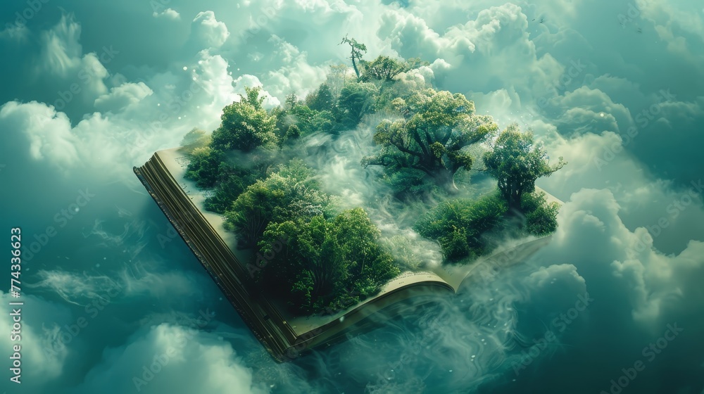 Poster a book is floating in the sky with trees and clouds