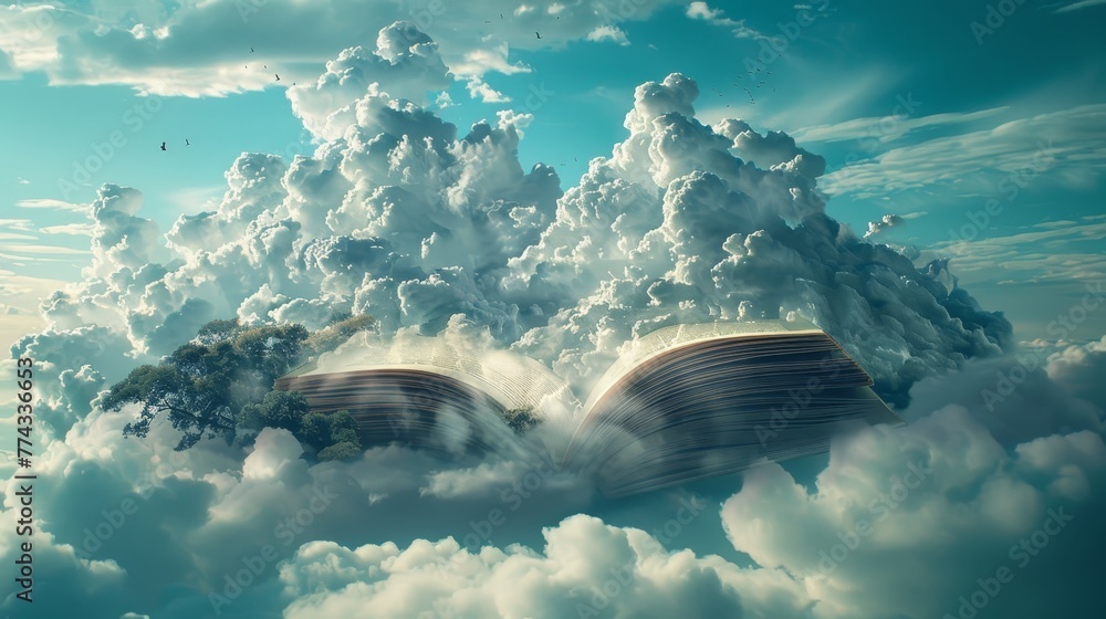 Poster a book is open in the sky with clouds surrounding it