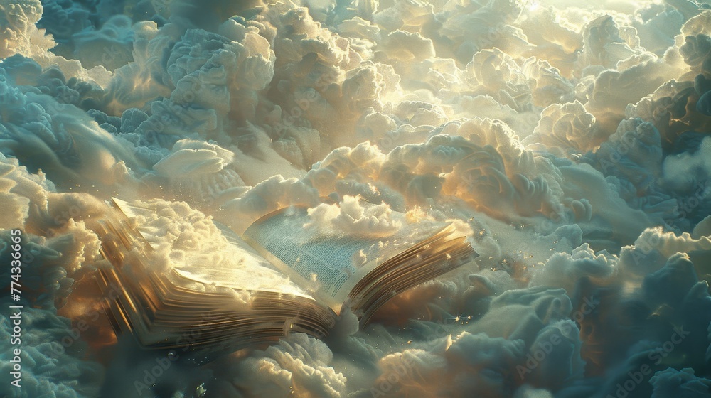 Poster a book is open on top of a cloud. the sky is blue and the clouds are white. the book is open to a pa