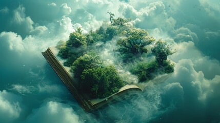 A book is floating in the sky with trees and clouds - obrazy, fototapety, plakaty