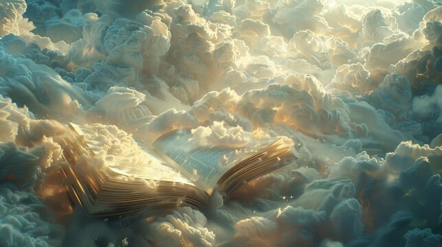 A book is open on top of a cloud. The sky is blue and the clouds are white. The book is open to a page with a picture of a person