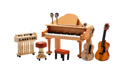 A wooden toy set featuring a mini piano, stool, and various musical instruments