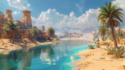 A beautiful desert scene with a river running through it. The water is blue and the sky is cloudy - obrazy, fototapety, plakaty