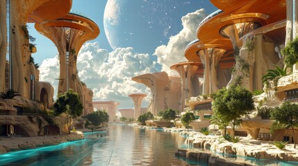 A futuristic cityscape with a large orange planet in the background. The buildings are tall and orange, and there is a river running through the middle of the city. The sky is cloudy - obrazy, fototapety, plakaty