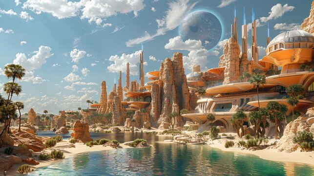 A futuristic city with a large planet in the sky. The city is surrounded by a body of water and has a lot of buildings. The sky is blue and the sun is shining