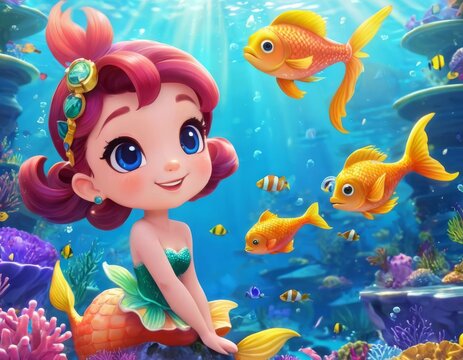 An animated mermaid child graces an underwater setting, surrounded by tropical fish and coral, her eyes full of wonder.