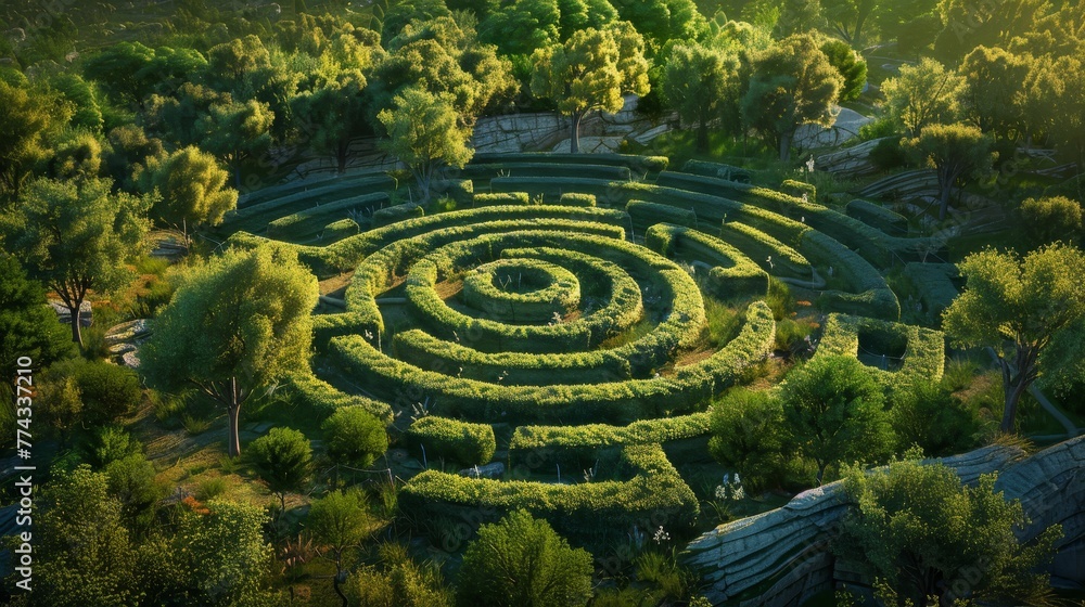 Aufkleber a maze is shown in a lush green field with trees and bushes. the maze is surrounded by a hedge and h
