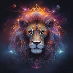 Lion and sacred geometry. Zodiac sign Leo. Colorful background