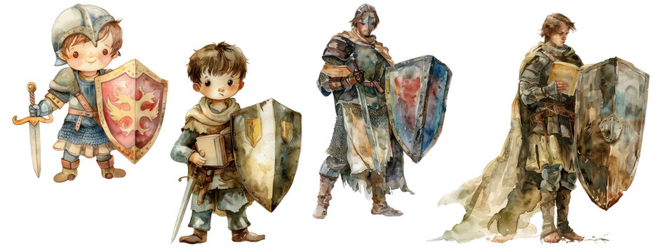 set of Watercolor clipart of a young knight holding a shield and a book courage and knowledge combined ,transparent background