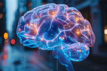 Modelo de un cerebro humano hecho de energia con luces de neon azul representando la grandeza de la inteligencia humana y el desarrollo la inteligencia artificial. Concepto - obrazy, fototapety, plakaty