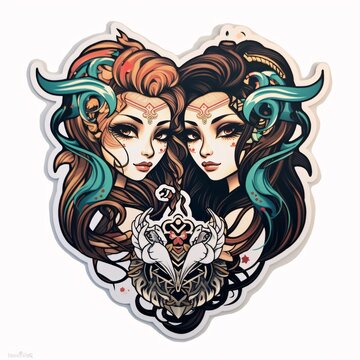 Vector illustration of two beautiful girls in love. Tattoo design.