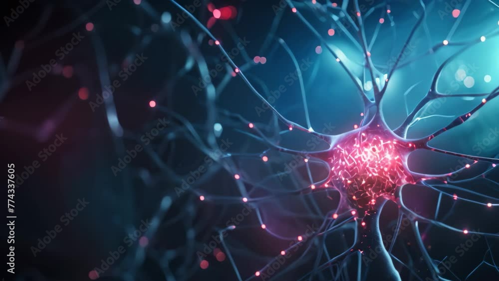Poster 3d rendering of neuron cell with neurons and nervous system on dark background, ai generated