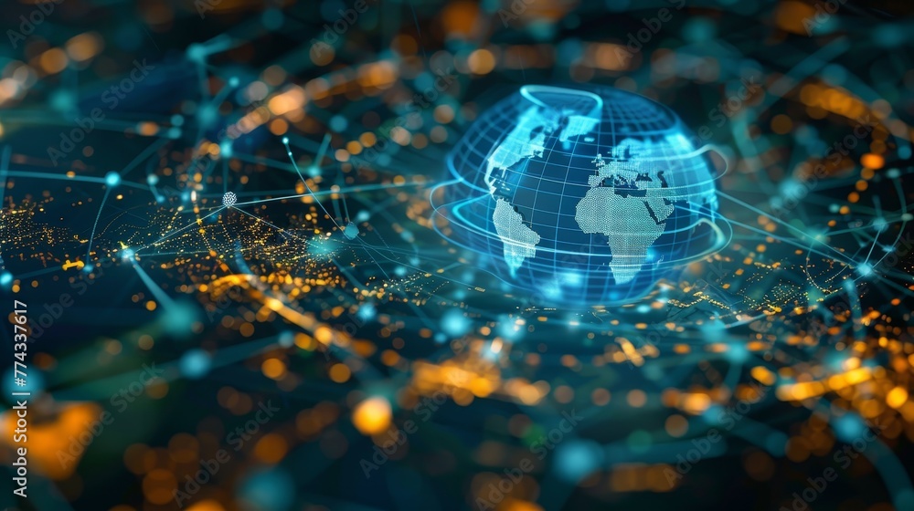 Poster a blue and orange globe is surrounded by a network of lines. the globe is the center of the image an