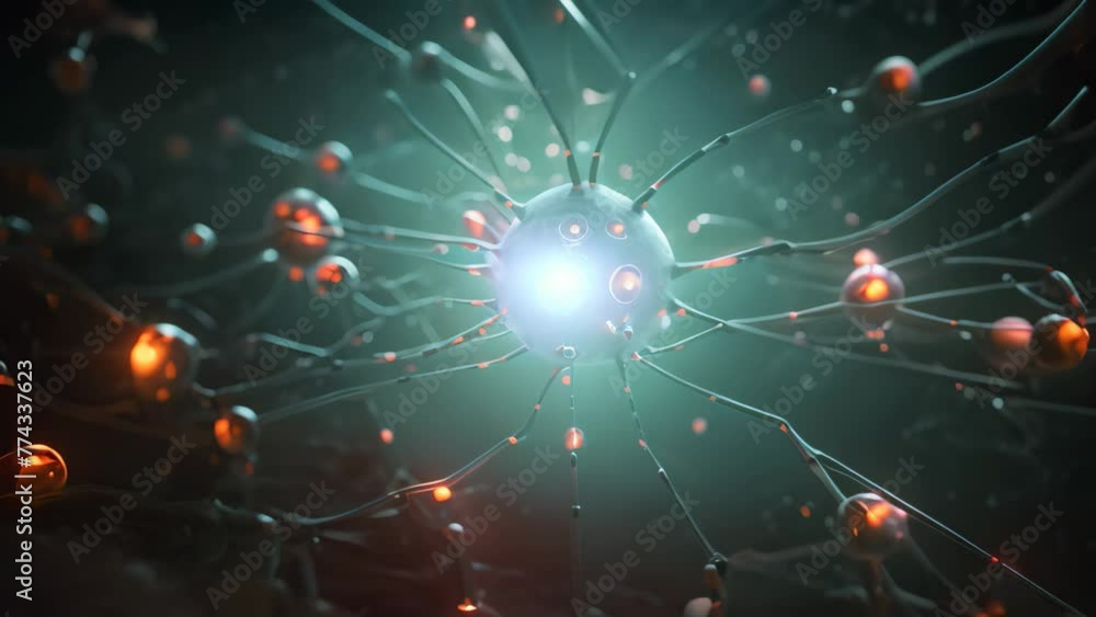 Poster 3d illustration of a neuron cell or neuron cell close-up, artificial neuron in concept of artificial