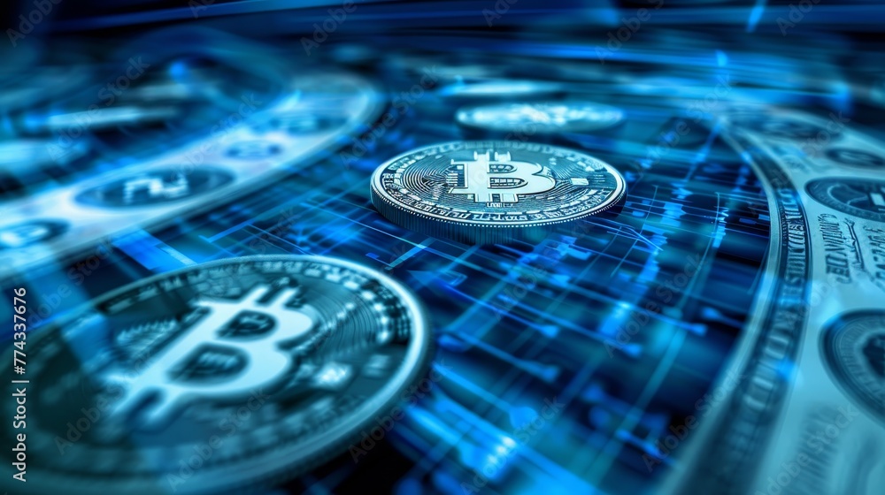 Aufkleber a blue background with a bunch of coins and a bitcoin coin in the middle. the coins are all differen