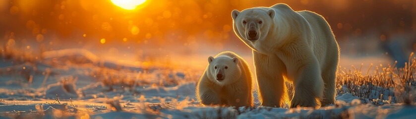 Polar bears roaming the Arctic tundra in search of food - obrazy, fototapety, plakaty
