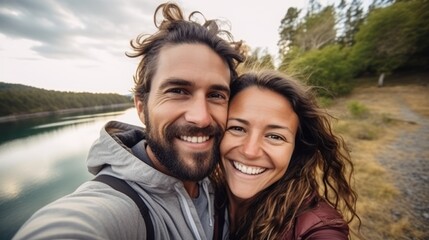 Couple's Joyful Engagement Self-Portrait by the Lake Generative AI