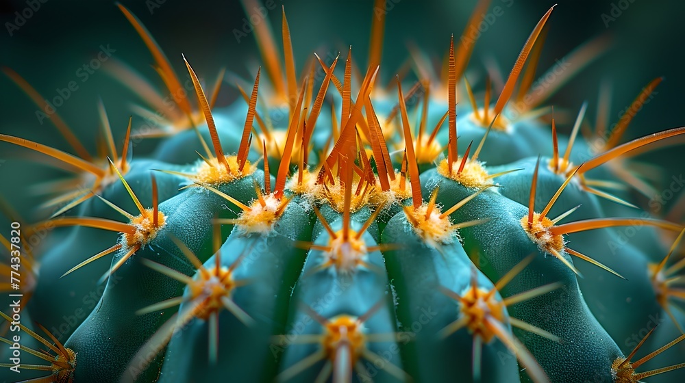 Poster vivid close-up of cactus spines with a bokeh background. macro photography of succulent details depi