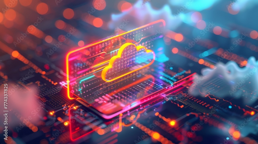 Poster a computer chip with a cloud on it. the image is colorful and has a futuristic feel to it
