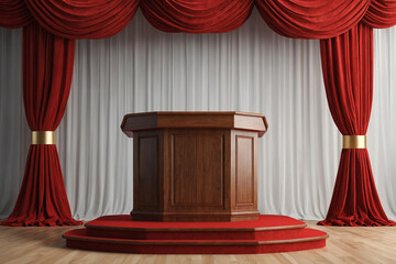 conference podium red curtain with a spotlight