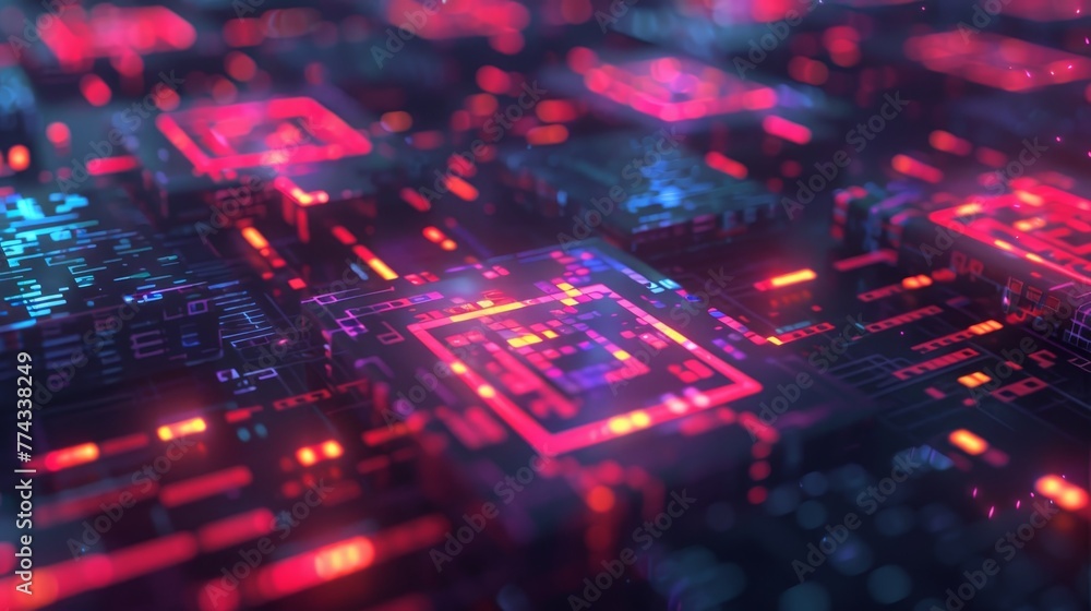 Poster a computer chip with a red and blue background. the chip is made up of many small squares